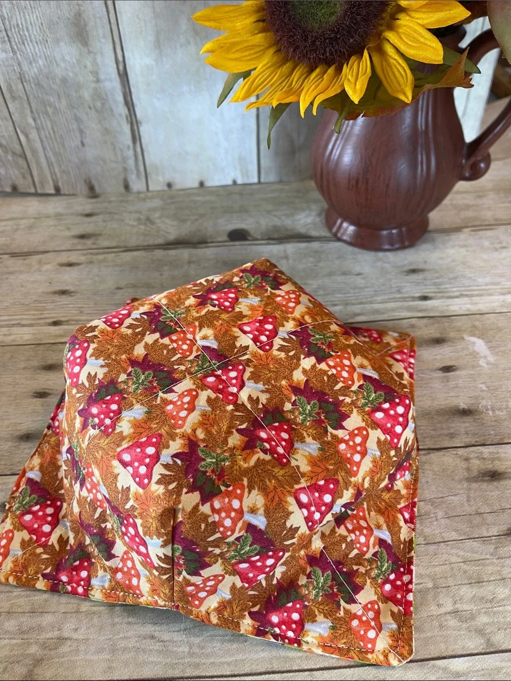 Microwave Bowl Cozy Fabric Bowl Fall/Autumn Mushrooms/Plaid Orange Brown Red